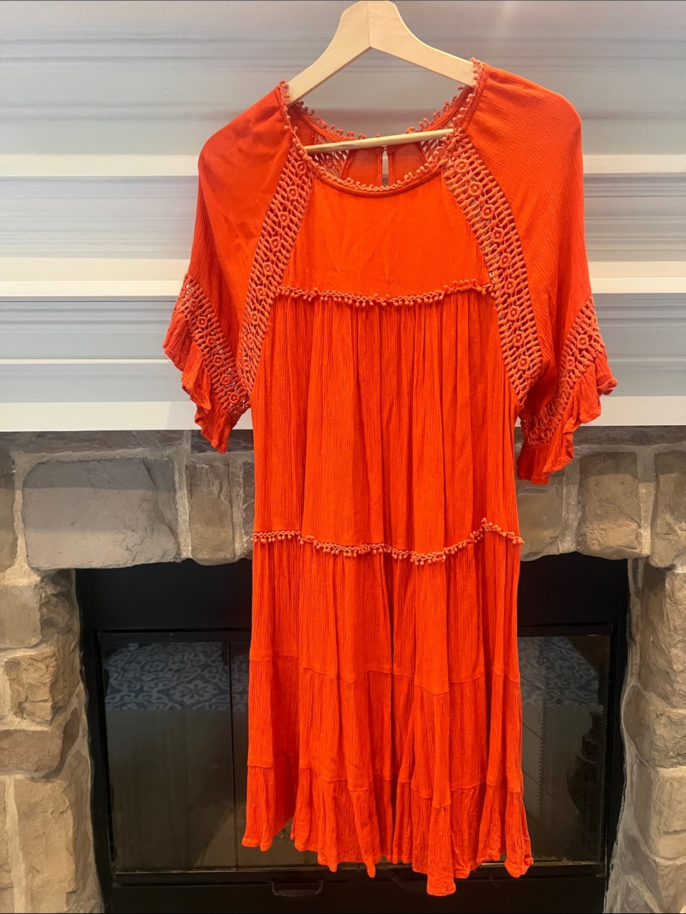 Patron’s of Peace Women’s Orange Tiered Crochet-Trim Dress